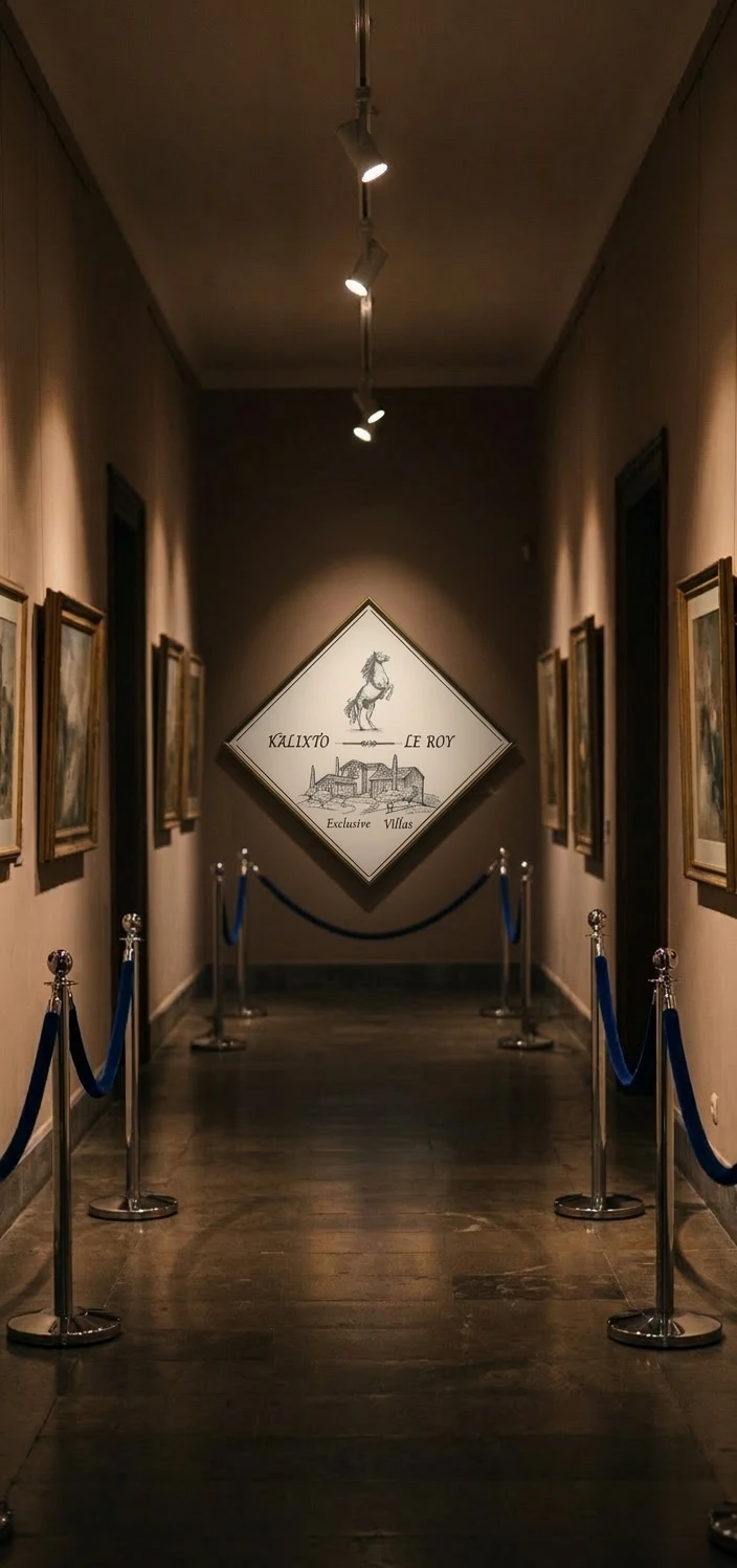A gallery corridor with the Kalixto Le Roy emblem lit at the far end