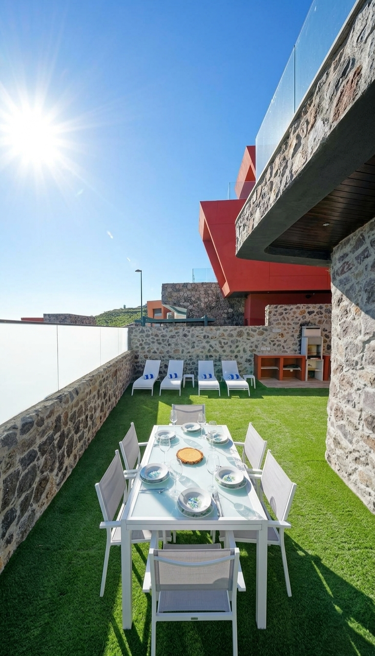 Villa garden overlooking the dining room, comfortable fully reclining chairs and barbecue - Villa Estación 1 - Salobre Resort